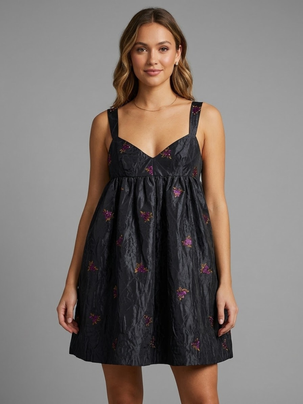 For Love & Lemons Black Floral Embroidered Jacquard Mini Dress Floral babydoll